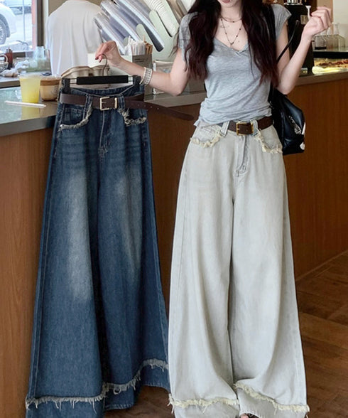 ハイウエスト デニムワイドパンツ 韓国風 レディース ゆったり ルーズデニム アメカジ ワイドレッグ ロングパンツ おしゃれ 長ズボン 美脚脚長ジーパン 617KZ-005
