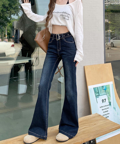 セミフレアデニムパンツ レディース 美脚 ベルト付き デニムスキニー 韓国風 フィット感 着やせ脚長 カジュアル レトロ ロングパンツ 細身 ブーツカットデニム 617KZ-008