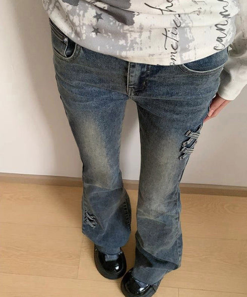 レトロ セミフレアデニムパンツレディース ベルボトムジーンズ 韓国風レースアップ 脚長ブーツカット 細見えデニムパンツ ヴィンテージ加工 Y2Kカジュアル 春夏秋 617KZ-012