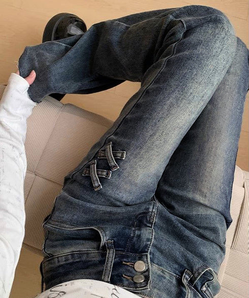 レトロ セミフレアデニムパンツレディース ベルボトムジーンズ 韓国風レースアップ 脚長ブーツカット 細見えデニムパンツ ヴィンテージ加工 Y2Kカジュアル 春夏秋 617KZ-012