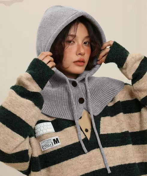 フード付きニットマフラー韓国風バラクラバ 可愛いニット帽 おしゃれ 顔周り防風防寒対策 ネックウォーマー レディース オルチャン帽 ニットキャップ フードマフラー 617MZ-001