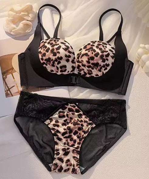 前開き ブラショーツセット ノンワイヤー ブラジャーフロントホック レースショーツ レディース ヒョウ柄ブラ ノンワイヤー下着 レオパードブラ 花柄レース女性下着 617NY-003