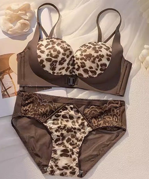 前開き ブラショーツセット ノンワイヤー ブラジャーフロントホック レースショーツ レディース ヒョウ柄ブラ ノンワイヤー下着 レオパードブラ 花柄レース女性下着 617NY-003