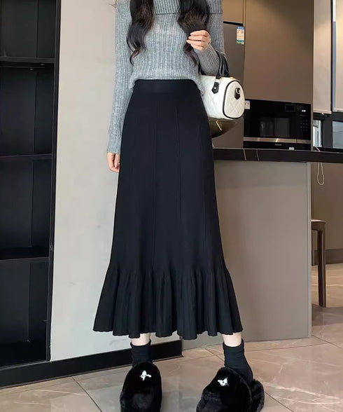 ニットスカート 無地スカート 2type レディース ハイウエスト 着やせ ボトムス 秋冬スカート お洒落 フレアスカート ミニ丈 ロング丈 体型カバー 通学通勤 617QZ-001