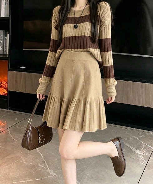ニットスカート 無地スカート 2type レディース ハイウエスト 着やせ ボトムス 秋冬スカート お洒落 フレアスカート ミニ丈 ロング丈 体型カバー 通学通勤 617QZ-001