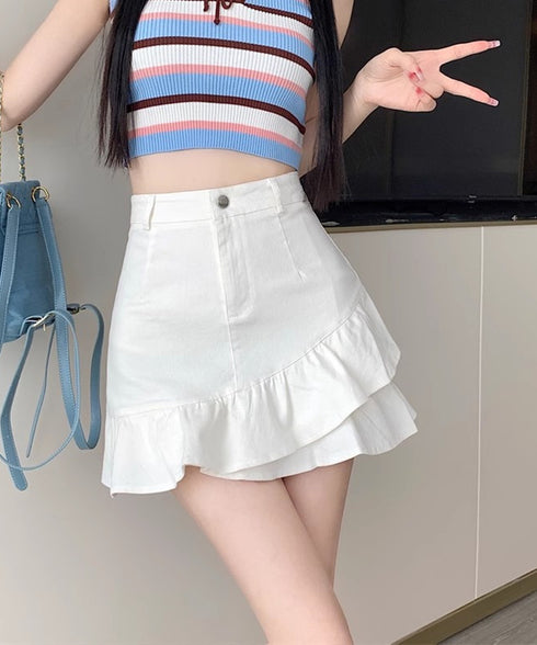 インナーパンツ付きフリルスカートミニスカ ハイウエスト フレアスカート 大人可愛い 春夏美脚ミニスカート おしゃれギャザースカート 韓国風 細見えスカートきれいめ 617QZ-007