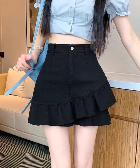 インナーパンツ付きフリルスカートミニスカ ハイウエスト フレアスカート 大人可愛い 春夏美脚ミニスカート おしゃれギャザースカート 韓国風 細見えスカートきれいめ 617QZ-007