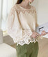 レース透かし袖ボリュームブラウス 春夏 レースブラウス透け感 刺しゅう エレガント パフスリーブ フェミニン スカラップ裾 デート服 シースルーきれいめトップス 617SY-003