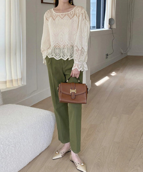 レース透かし袖ボリュームブラウス 春夏 レースブラウス透け感 刺しゅう エレガント パフスリーブ フェミニン スカラップ裾 デート服 シースルーきれいめトップス 617SY-003