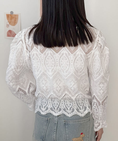 レース透かし袖ボリュームブラウス 春夏 レースブラウス透け感 刺しゅう エレガント パフスリーブ フェミニン スカラップ裾 デート服 シースルーきれいめトップス 617SY-003