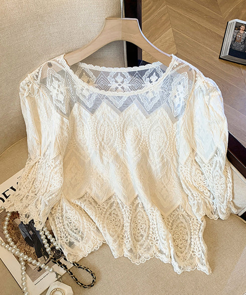 レース透かし袖ボリュームブラウス 春夏 レースブラウス透け感 刺しゅう エレガント パフスリーブ フェミニン スカラップ裾 デート服 シースルーきれいめトップス 617SY-003