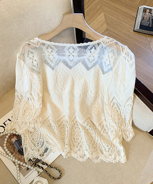 レース透かし袖ボリュームブラウス 春夏 レースブラウス透け感 刺しゅう エレガント パフスリーブ フェミニン スカラップ裾 デート服 シースルーきれいめトップス 617SY-003