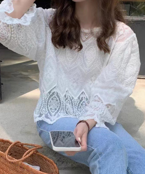 レース透かし袖ボリュームブラウス 春夏 レースブラウス透け感 刺しゅう エレガント パフスリーブ フェミニン スカラップ裾 デート服 シースルーきれいめトップス 617SY-003