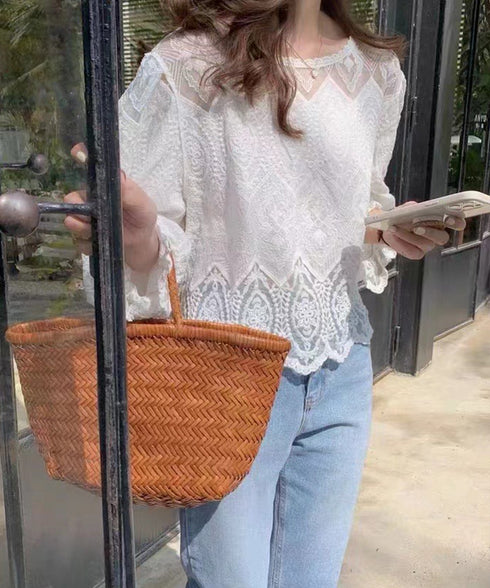 レース透かし袖ボリュームブラウス 春夏 レースブラウス透け感 刺しゅう エレガント パフスリーブ フェミニン スカラップ裾 デート服 シースルーきれいめトップス 617SY-003