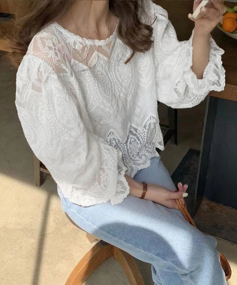 レース透かし袖ボリュームブラウス 春夏 レースブラウス透け感 刺しゅう エレガント パフスリーブ フェミニン スカラップ裾 デート服 シースルーきれいめトップス 617SY-003