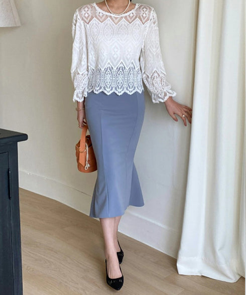 レース透かし袖ボリュームブラウス 春夏 レースブラウス透け感 刺しゅう エレガント パフスリーブ フェミニン スカラップ裾 デート服 シースルーきれいめトップス 617SY-003