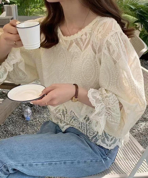 レース透かし袖ボリュームブラウス 春夏 レースブラウス透け感 刺しゅう エレガント パフスリーブ フェミニン スカラップ裾 デート服 シースルーきれいめトップス 617SY-003