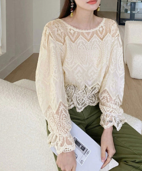 レース透かし袖ボリュームブラウス 春夏 レースブラウス透け感 刺しゅう エレガント パフスリーブ フェミニン スカラップ裾 デート服 シースルーきれいめトップス 617SY-003