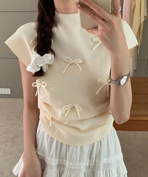 リボン付きリブニット プチハイネック夏服 レディース サマーニット 韓国風 ニットトップス きれいめ 半袖ニットソー 大人可愛いカットソー 薄手ニットTシャツ 617SY-004