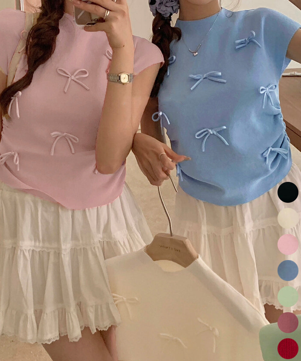 リボン付きリブニット プチハイネック夏服 詳細画像1