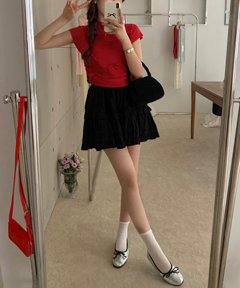 リボン付きリブニット プチハイネック夏服 レディース サマーニット 韓国風 ニットトップス きれいめ 半袖ニットソー 大人可愛いカットソー 薄手ニットTシャツ 617SY-004