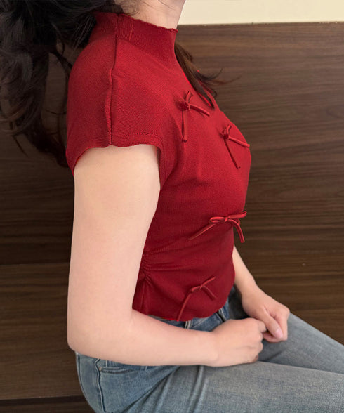 リボン付きリブニット プチハイネック夏服 レディース サマーニット 韓国風 ニットトップス きれいめ 半袖ニットソー 大人可愛いカットソー 薄手ニットTシャツ 617SY-004