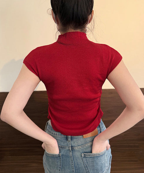 リボン付きリブニット プチハイネック夏服 レディース サマーニット 韓国風 ニットトップス きれいめ 半袖ニットソー 大人可愛いカットソー 薄手ニットTシャツ 617SY-004