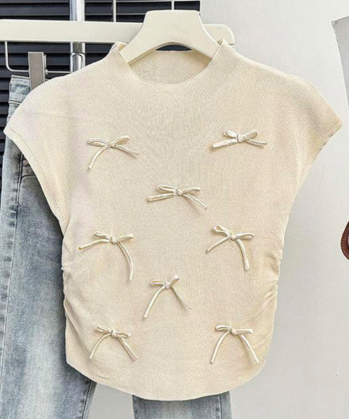 リボン付きリブニット プチハイネック夏服 レディース サマーニット 韓国風 ニットトップス きれいめ 半袖ニットソー 大人可愛いカットソー 薄手ニットTシャツ 617SY-004