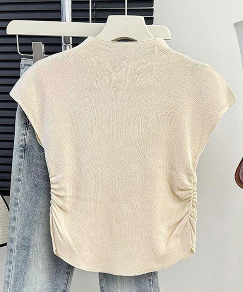 リボン付きリブニット プチハイネック夏服 レディース サマーニット 韓国風 ニットトップス きれいめ 半袖ニットソー 大人可愛いカットソー 薄手ニットTシャツ 617SY-004