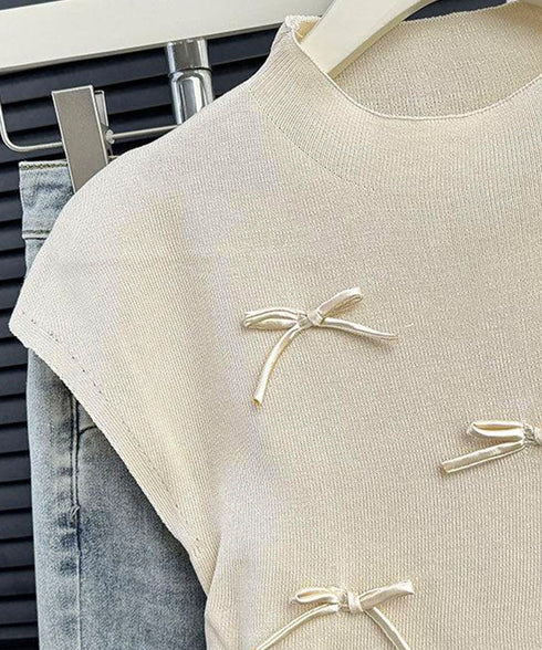リボン付きリブニット プチハイネック夏服 レディース サマーニット 韓国風 ニットトップス きれいめ 半袖ニットソー 大人可愛いカットソー 薄手ニットTシャツ 617SY-004