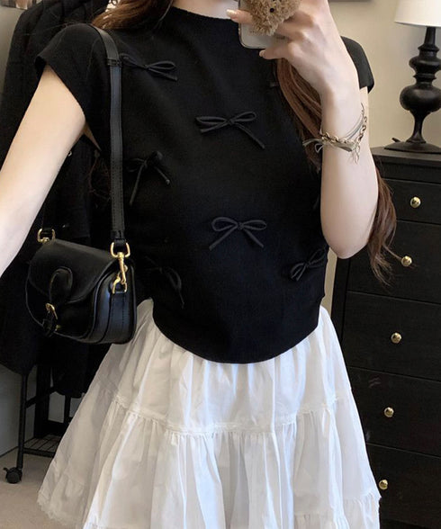 リボン付きリブニット プチハイネック夏服 レディース サマーニット 韓国風 ニットトップス きれいめ 半袖ニットソー 大人可愛いカットソー 薄手ニットTシャツ 617SY-004