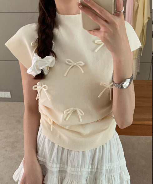 リボン付きリブニット プチハイネック夏服 レディース サマーニット 韓国風 ニットトップス きれいめ 半袖ニットソー 大人可愛いカットソー 薄手ニットTシャツ 617SY-004