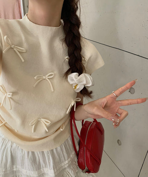 リボン付きリブニット プチハイネック夏服 レディース サマーニット 韓国風 ニットトップス きれいめ 半袖ニットソー 大人可愛いカットソー 薄手ニットTシャツ 617SY-004