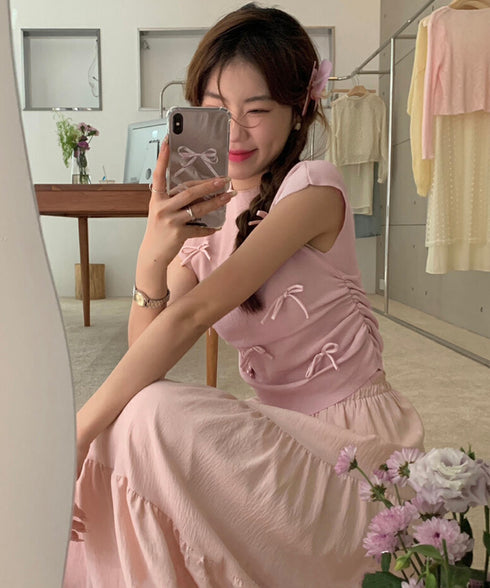 リボン付きリブニット プチハイネック夏服 レディース サマーニット 韓国風 ニットトップス きれいめ 半袖ニットソー 大人可愛いカットソー 薄手ニットTシャツ 617SY-004