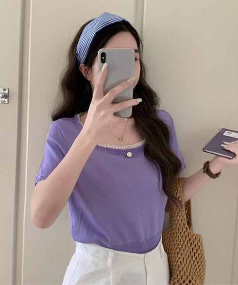 スクエアネック サマーニット トップス レディース カジュアル ニットカットソー 韓国風 半袖 シンプル プルオーバー 無地 薄手ニットセーター おしゃれ 春夏 617SY-006