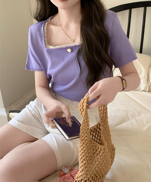 スクエアネック サマーニット トップス レディース カジュアル ニットカットソー 韓国風 半袖 シンプル プルオーバー 無地 薄手ニットセーター おしゃれ 春夏 617SY-006