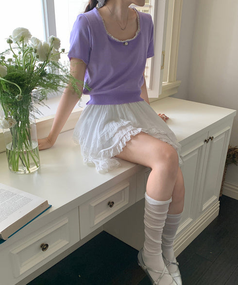 スクエアネック サマーニット トップス レディース カジュアル ニットカットソー 韓国風 半袖 シンプル プルオーバー 無地 薄手ニットセーター おしゃれ 春夏 617SY-006