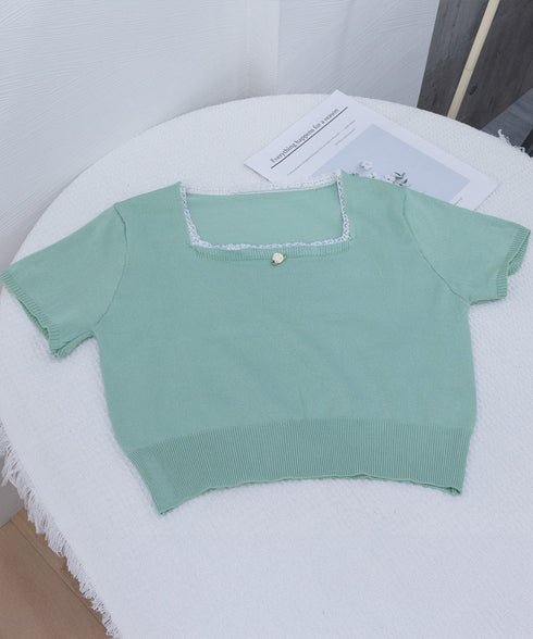 スクエアネック サマーニット トップス レディース カジュアル ニットカットソー 韓国風 半袖 シンプル プルオーバー 無地 薄手ニットセーター おしゃれ 春夏 617SY-006