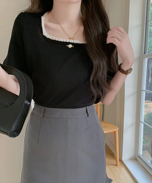 スクエアネック サマーニット トップス レディース カジュアル ニットカットソー 韓国風 半袖 シンプル プルオーバー 無地 薄手ニットセーター おしゃれ 春夏 617SY-006