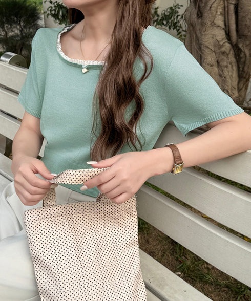 スクエアネック サマーニット トップス レディース カジュアル ニットカットソー 韓国風 半袖 シンプル プルオーバー 無地 薄手ニットセーター おしゃれ 春夏 617SY-006