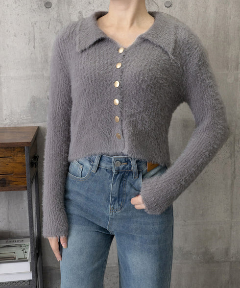 シャギーカーディガンゴールドボタン韓国風 レディース 秋冬服 大人可愛い ニットトップス 長袖 ミンクタッチカーディガン ふわふわ モヘヤ風セーター おしゃれ 617SY-009