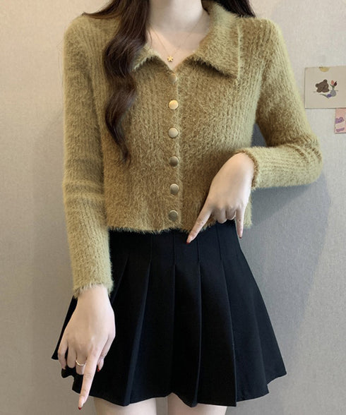 シャギーカーディガンゴールドボタン韓国風 レディース 秋冬服 大人可愛い ニットトップス 長袖 ミンクタッチカーディガン ふわふわ モヘヤ風セーター おしゃれ 617SY-009