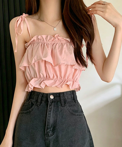 フリル キャミソール ペプラムキャミ夏服 レディース 肩リボン トップス 無地ノースリーブ 韓国風 フリルビスチェ 大人可愛いキャミ へそ出し 薄手 トップス 617SY-020