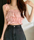 フリル キャミソール ペプラムキャミ夏服 レディース 肩リボン トップス 無地ノースリーブ 韓国風 フリルビスチェ 大人可愛いキャミ へそ出し 薄手 トップス 617SY-020