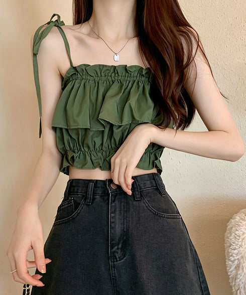 フリル キャミソール ペプラムキャミ夏服 レディース 肩リボン トップス 無地ノースリーブ 韓国風 フリルビスチェ 大人可愛いキャミ へそ出し 薄手 トップス 617SY-020