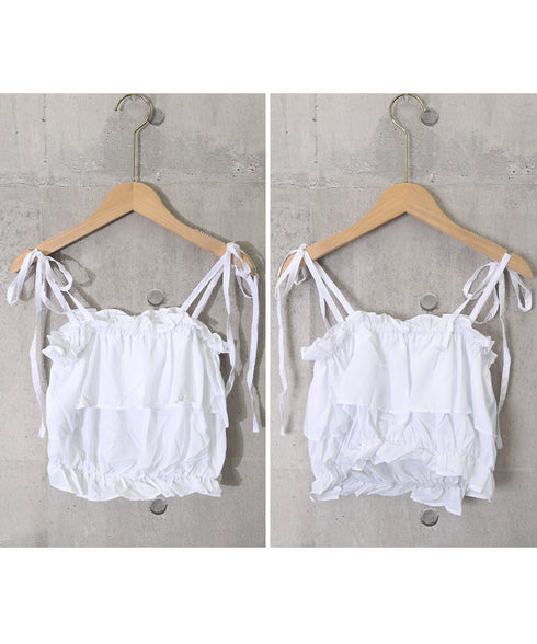 フリル キャミソール ペプラムキャミ夏服 レディース 肩リボン トップス 無地ノースリーブ 韓国風 フリルビスチェ 大人可愛いキャミ へそ出し 薄手 トップス 617SY-020