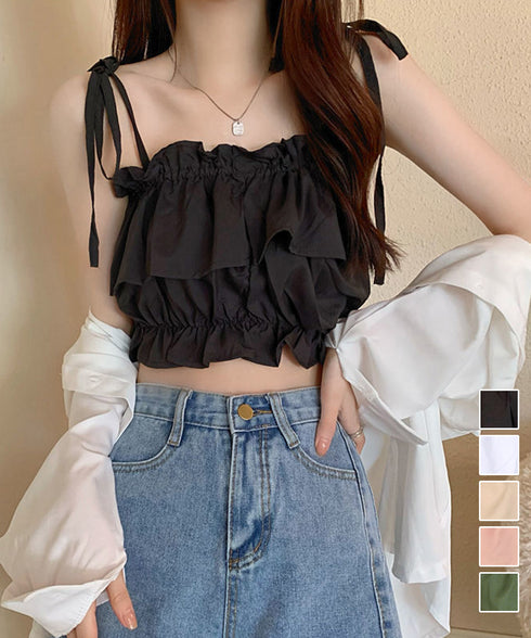 フリル キャミソール ペプラムキャミ夏服 レディース 肩リボン トップス 無地ノースリーブ 韓国風 フリルビスチェ 大人可愛いキャミ へそ出し 薄手 トップス 617SY-020