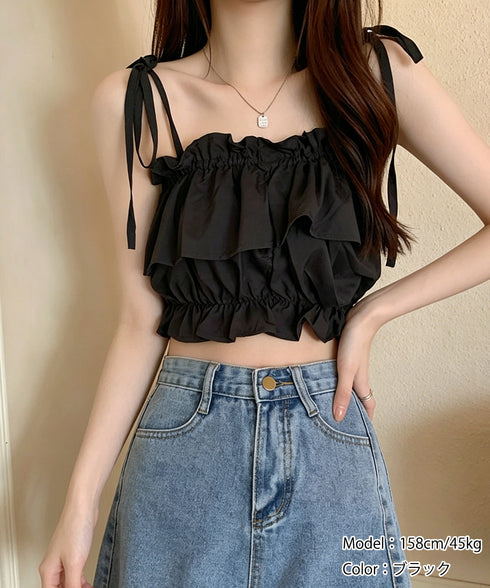 フリル キャミソール ペプラムキャミ夏服 レディース 肩リボン トップス 無地ノースリーブ 韓国風 フリルビスチェ 大人可愛いキャミ へそ出し 薄手 トップス 617SY-020