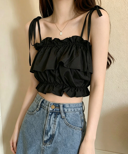 フリル キャミソール ペプラムキャミ夏服 レディース 肩リボン トップス 無地ノースリーブ 韓国風 フリルビスチェ 大人可愛いキャミ へそ出し 薄手 トップス 617SY-020
