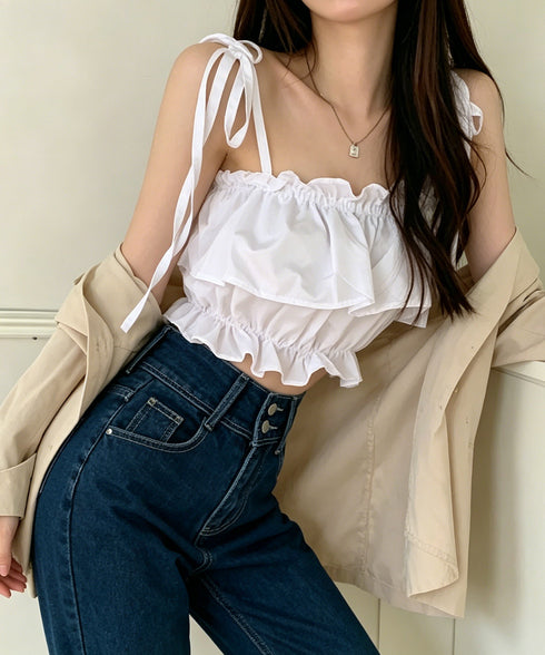 フリル キャミソール ペプラムキャミ夏服 レディース 肩リボン トップス 無地ノースリーブ 韓国風 フリルビスチェ 大人可愛いキャミ へそ出し 薄手 トップス 617SY-020